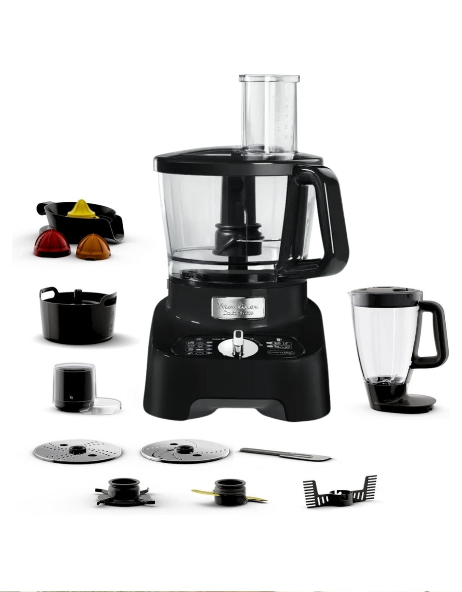 Moulinex Double Force multifunction food processor with 8 accessories for slicing, grating, mixing, and blending